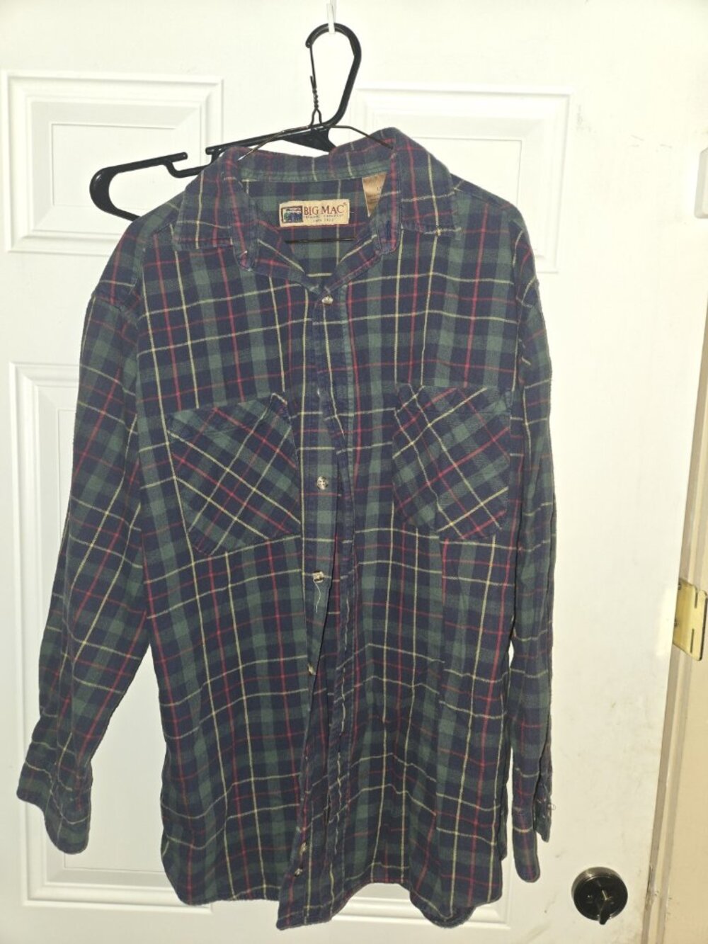 Vintage Big Mac Shirt Size Large Blue Green Plaid Pearl Snap Flannel 90s